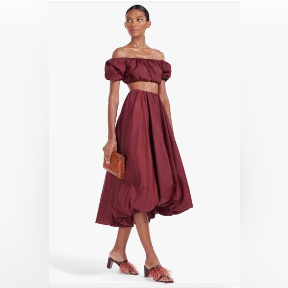 STAUD tawny port Mariposa skirt and matching top.